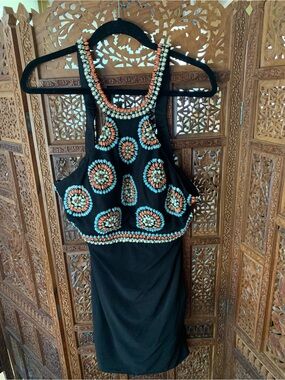 Coya Collection Beaded Black Halter Dress with Turquoise & Coral Accents